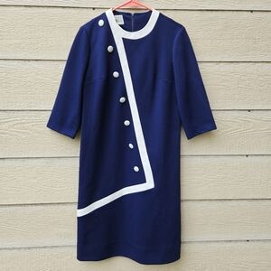 vintage 1960s Justin McCarty navy dress with white accents SEE MEASUREMENTS